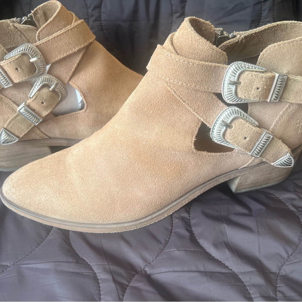 Frye Tan Suede Ankle Booties with Silver Buckles